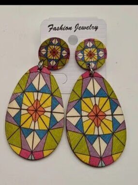 New Wooden Tear Drop Screw In Earrings Hand painted